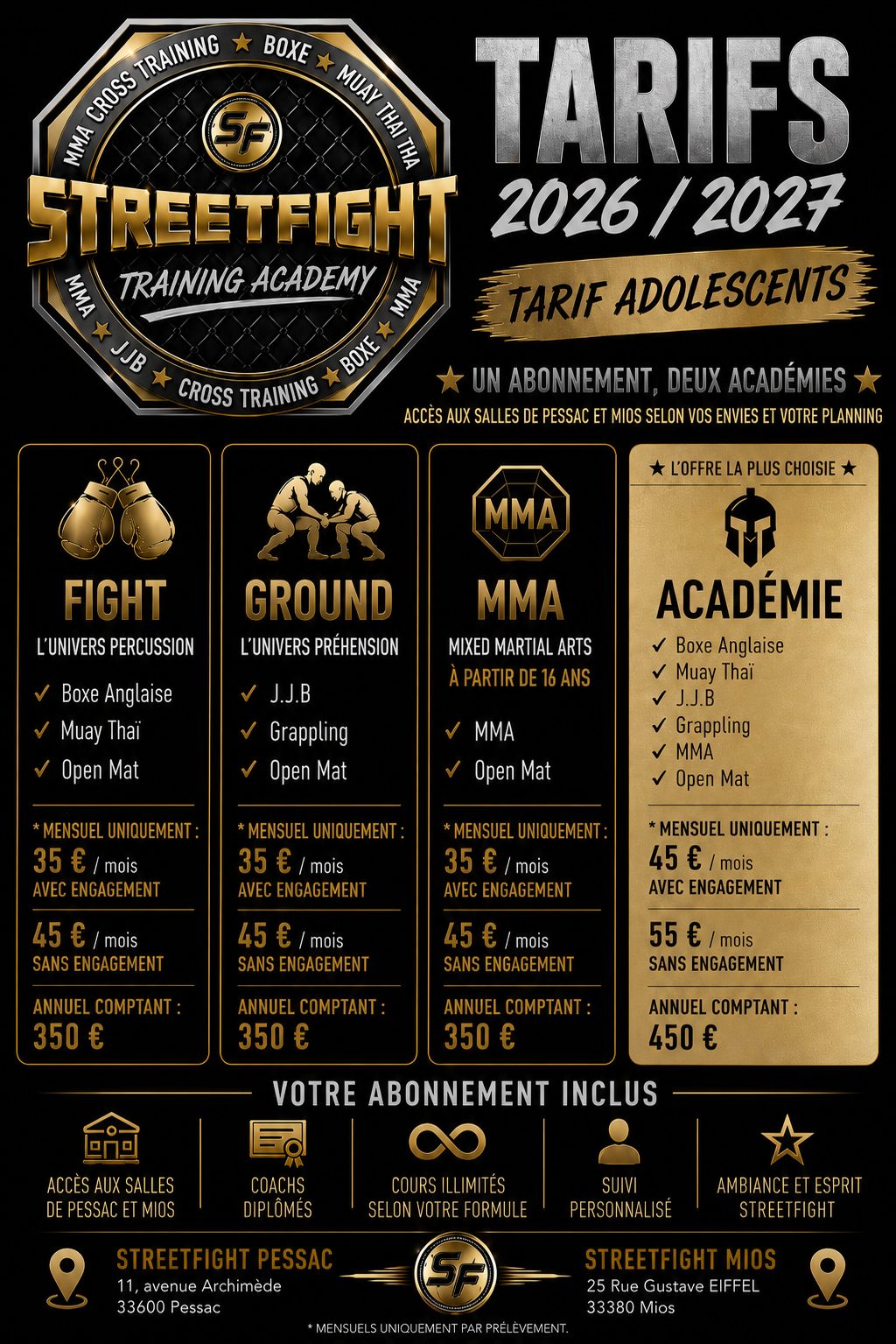 Tarifs adolescents 2026/2027 Streetfight Training Academy