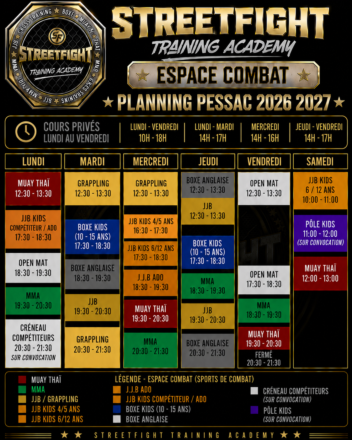 Planning espace combat Pessac 2026/2027