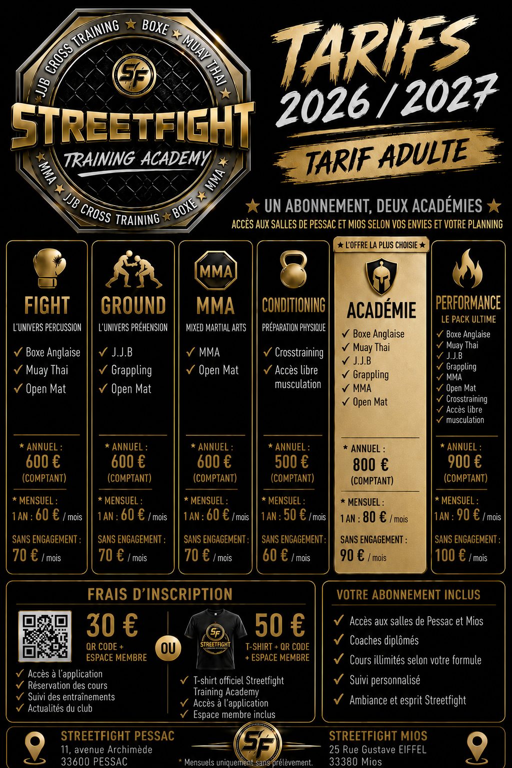 Tarifs adultes 2026/2027 Streetfight Training Academy