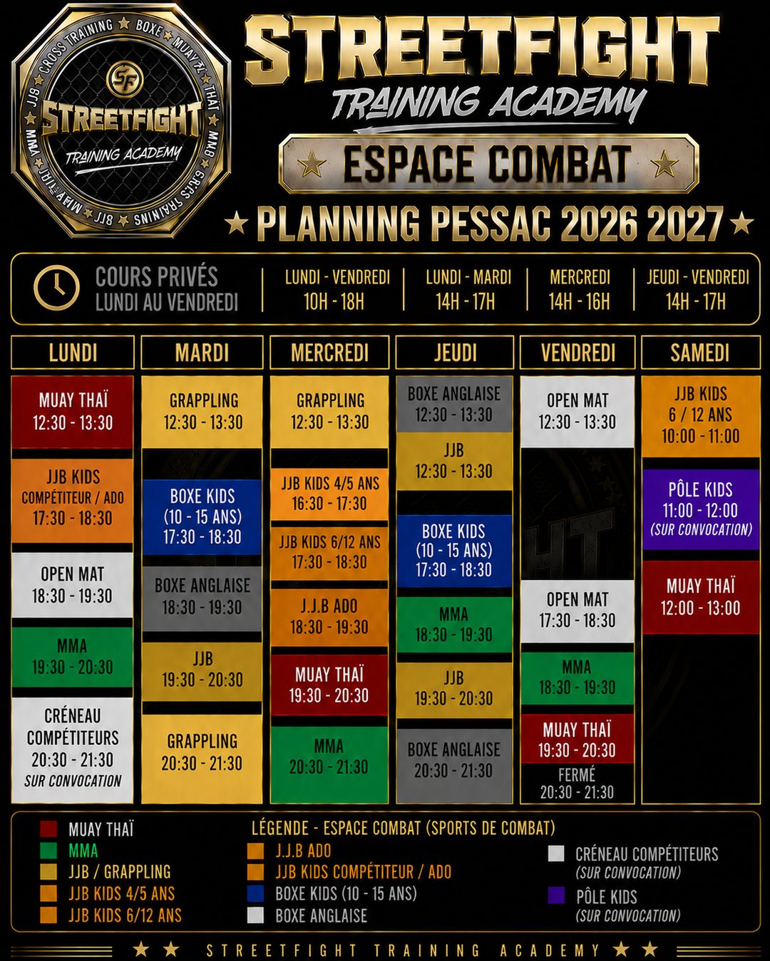 Planning espace combat Pessac 2026/2027