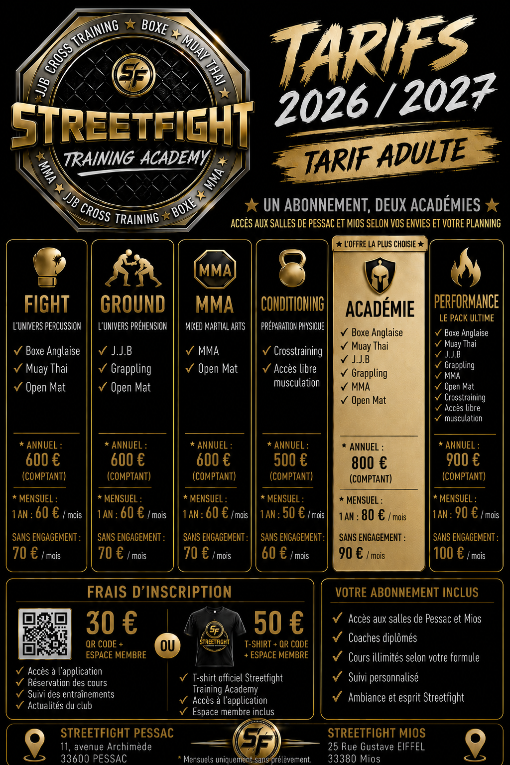 Tarifs adultes 2026/2027 Streetfight Training Academy