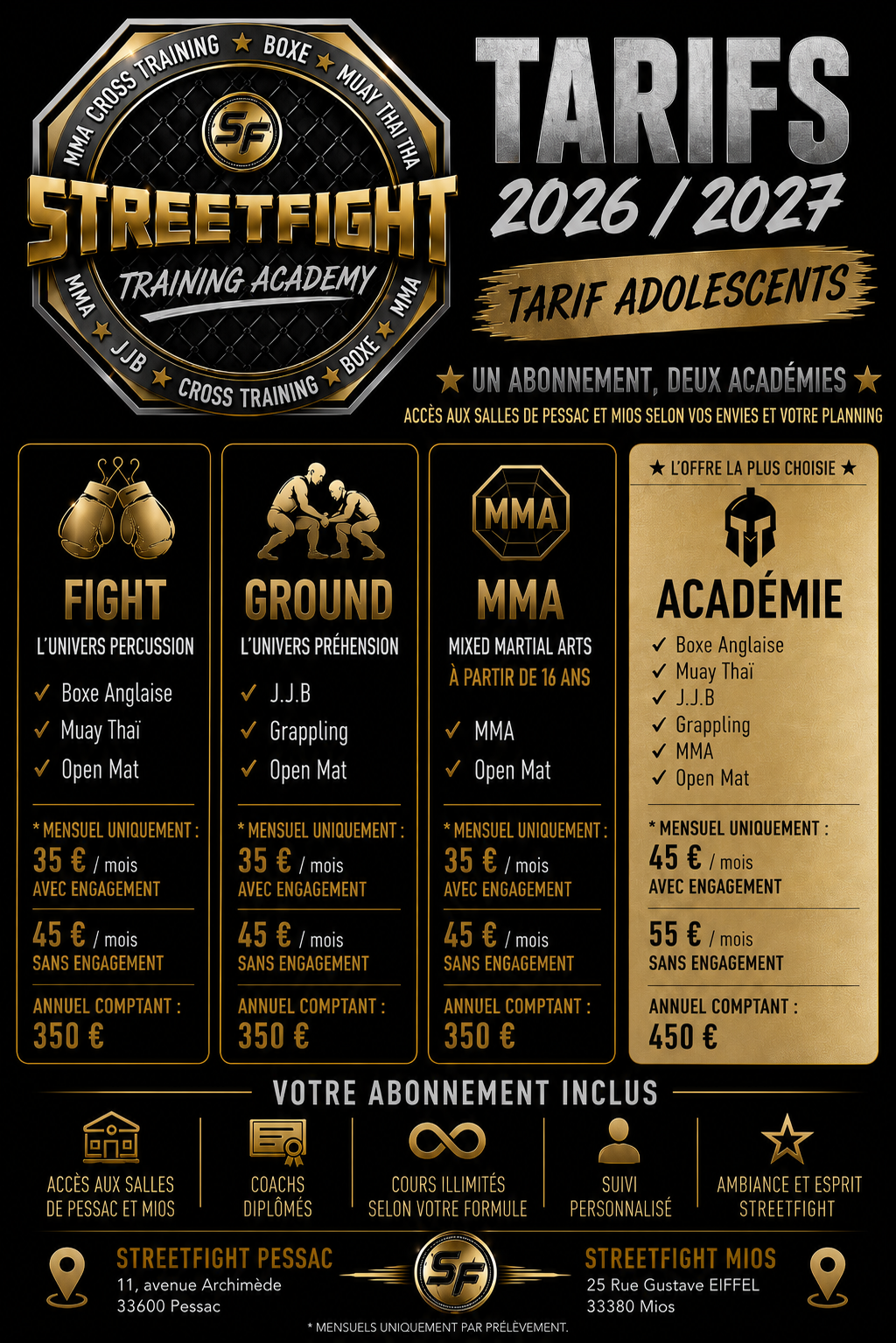 Tarifs adolescents 2026/2027 Streetfight Training Academy