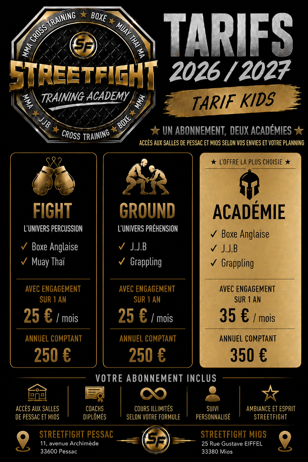 Tarifs kids 2026/2027 Streetfight Training Academy