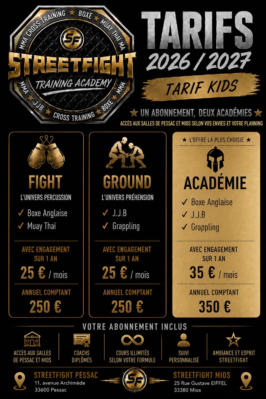 Tarifs kids 2026/2027 Streetfight Training Academy